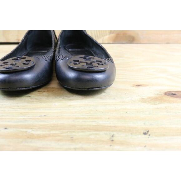 Tory Burch Shoes Women Sz 7.5 Gabi Whipstich Black Leather Logo Ballet Flats - Picture 8 of 13